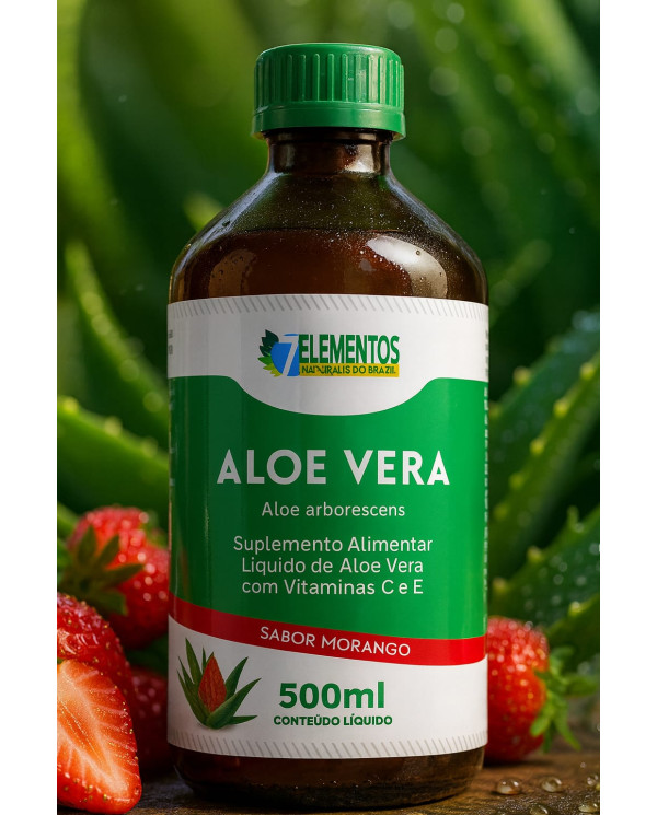 Aloe Vera 7 Elementos com Vitaminas C e E Sabor Morango 500ml Suplemento Alimentar Líquido