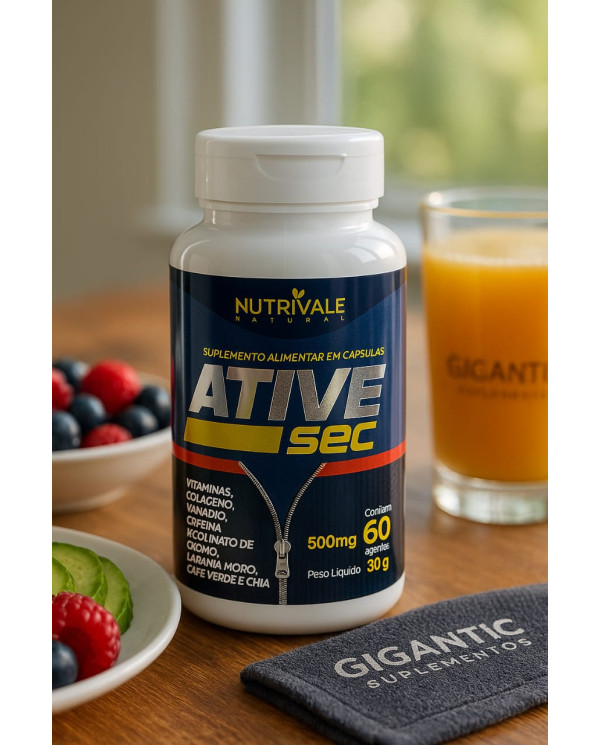 Ative Sec Nutrivale 500mg 60 Cápsulas – Suplemento Alimentar com Colágeno, Cafeína, Laranja Moro, Chá Verde e Vitaminas