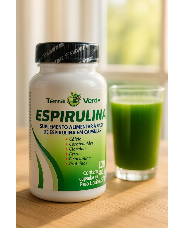 Espirulina Terra Verde 120 Cápsulas 480mg – Suplemento Natural com Proteínas, Ferro e Clorofila para Mais Energia no Dia a Dia!