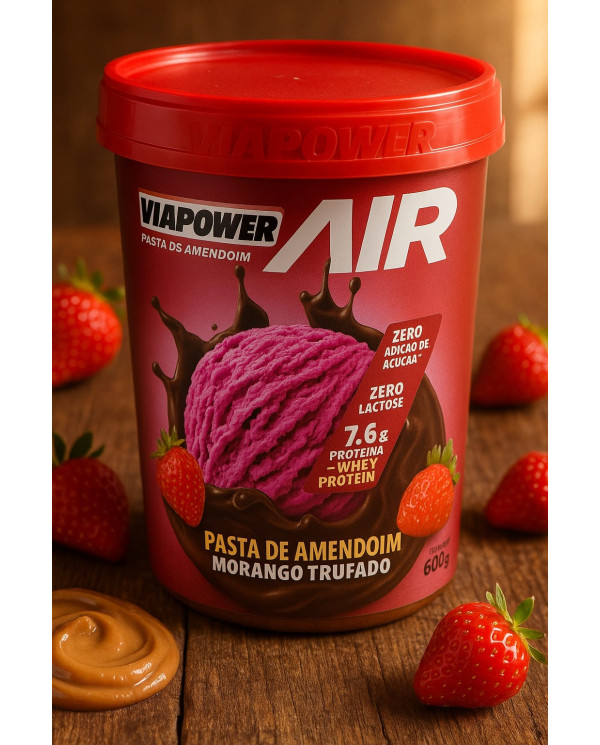 Pasta de Amendoim Vitapower Air Morango Trufado 600g Zero Açúcar Zero Lactose Whey Protein