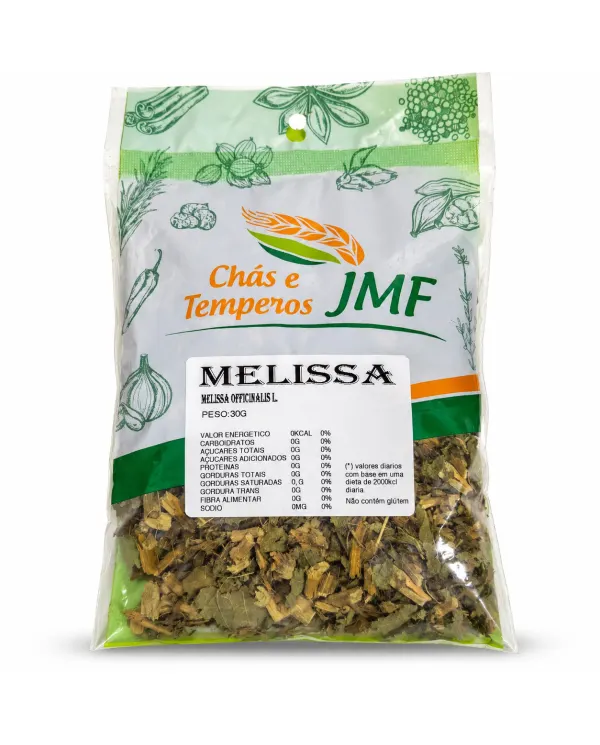 Chá de Melissa Officinalis JMF 30g - Embalagem e Gráficos de Benefícios