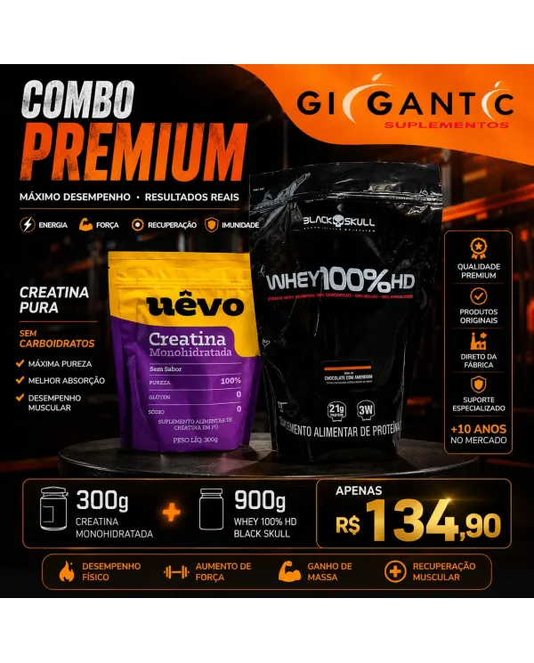 Combo Premium Creatina Monohidratada Uêvo 300g e Whey 100% HD Black Skull 900g