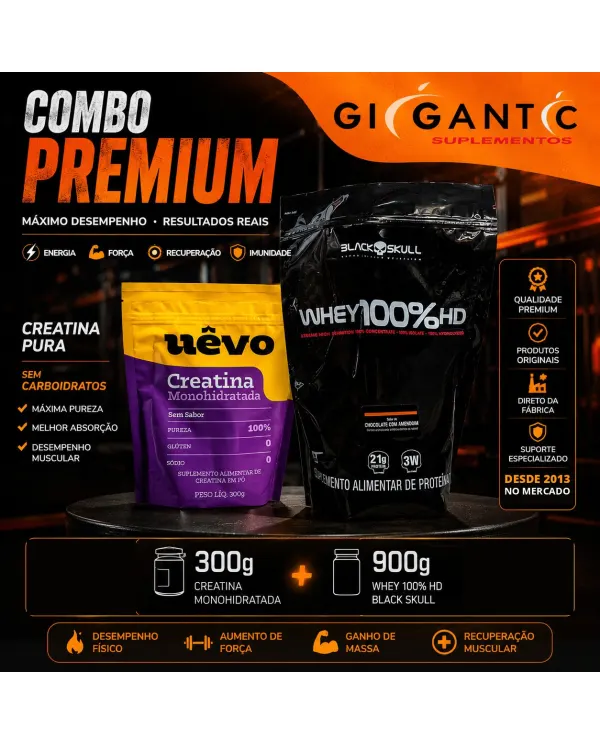 Combo Premium — Creatina Monohidratada Uêvo 300g + Whey 100% HD Black Skull 900g