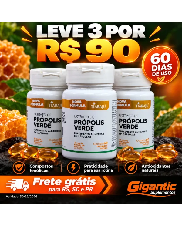 Kit com 3 potes de Extrato de Própolis Verde Tiaraju 75mg
