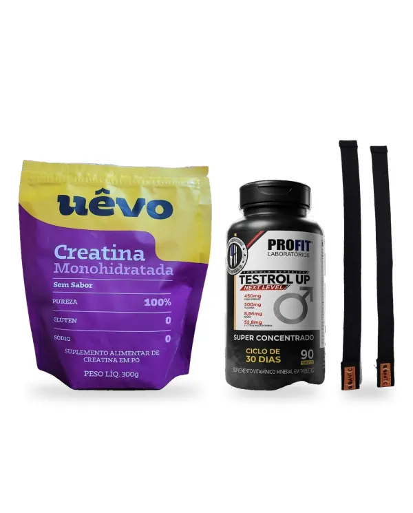 Kit Performance Treino - Testrol Up + Creatina + Straps