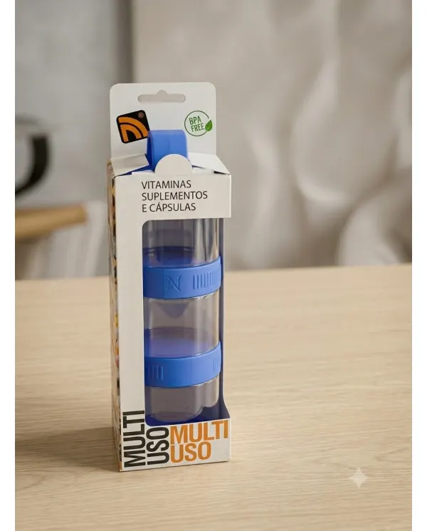 Porta Suplementos e Cápsulas Multi Uso 3 Compartimentos BPA Free Azul
