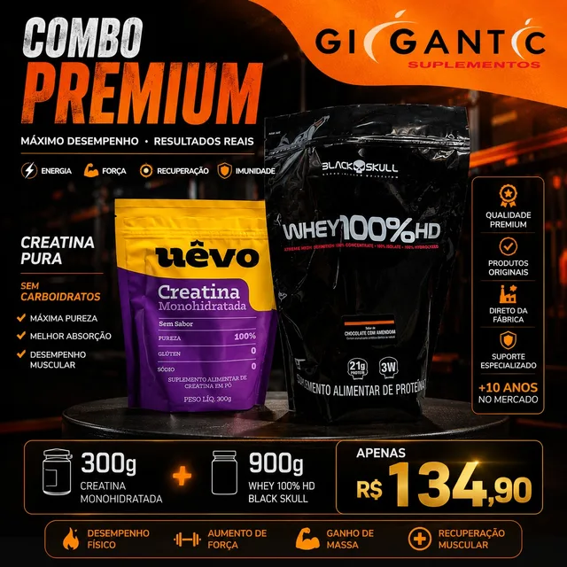Combo Premium — Creatina Monohidratada Uêvo 300g + Whey 100% HD Black Skull 900g