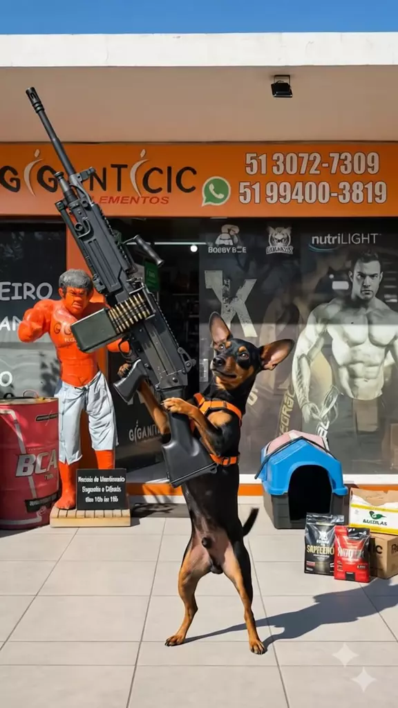 Fachada da loja Gigantic Suplementos em Porto Alegre com o mascote pinscher